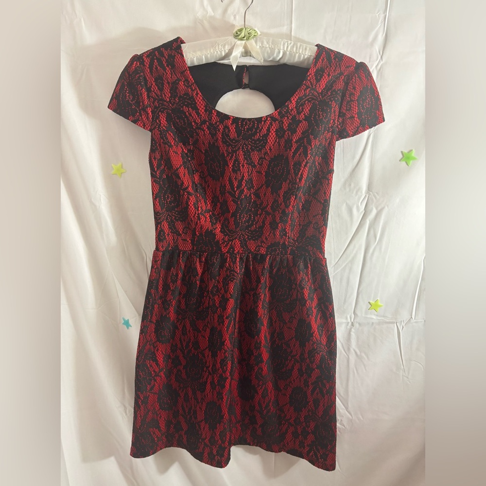 Red and Black Floral Lace Mini Dress with Keyhole back in Size S/M
